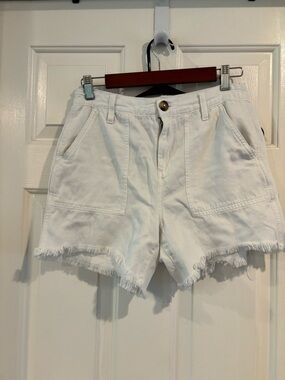 aerie White High-Rise Frayed Hem Denim Shorts